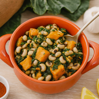 Black-eyed peas with sweet potatoes and greens