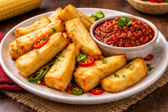 Fried yam & pepper sauce