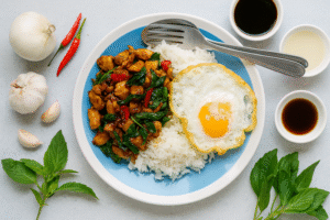 How to Make Thai Basil Chicken (Pad Krapow)  with Rice: An Irresistible and Flavorful Thai Stir-Fry Recipe 🌿🍚🔥