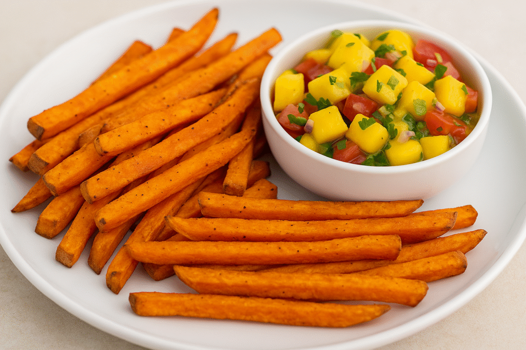 35+ Joyful Ways to Use Sweet Potatoes in the Kitchen (Delightful, Delicious & Nourishing) 28 Sweet Potato Fries with Mango Salsa 1
