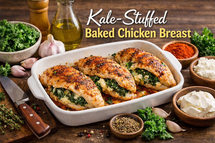 Kale stuffed baked chicken breast