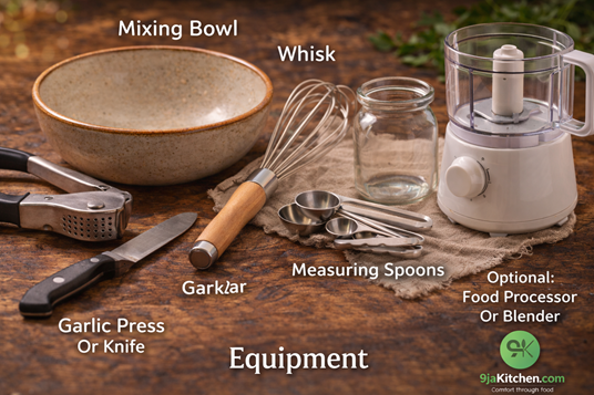 Kitchen essentials on rustic wood
