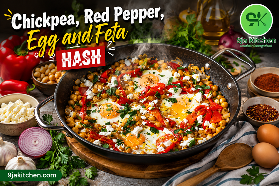 Chickpea Red Pepper Egg and Feta Hash